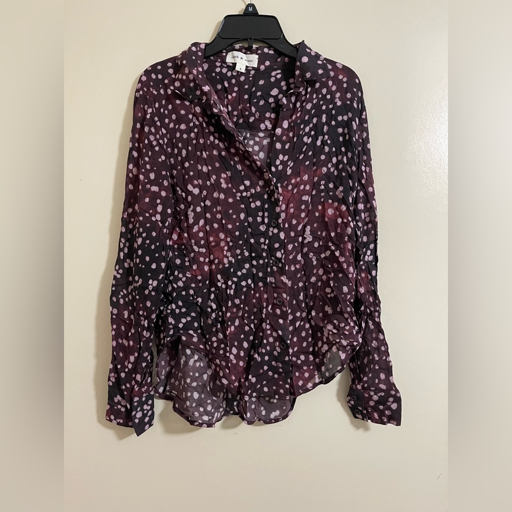 Cloth & Stone Long Sleeve Button Abstract Polka Dot Tie Dye Collar Blouse Top